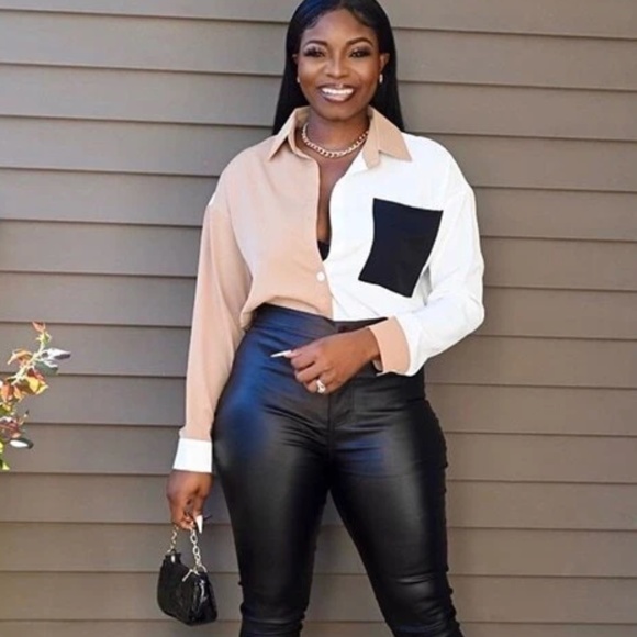 Drop Shoulder Oversized Colorblock Button Down Shirt White Tan Black - Picture 8 of 8